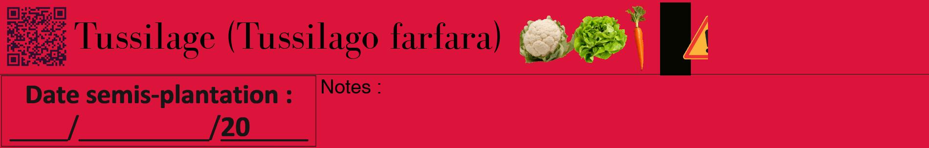 Étiquette de : Tussilago farfara - format a - style noire36basiquebod avec qrcode et comestibilité simplifiée