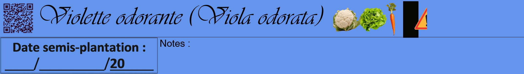 Étiquette de : Viola odorata - format a - style noire4viv avec qrcode et comestibilité simplifiée