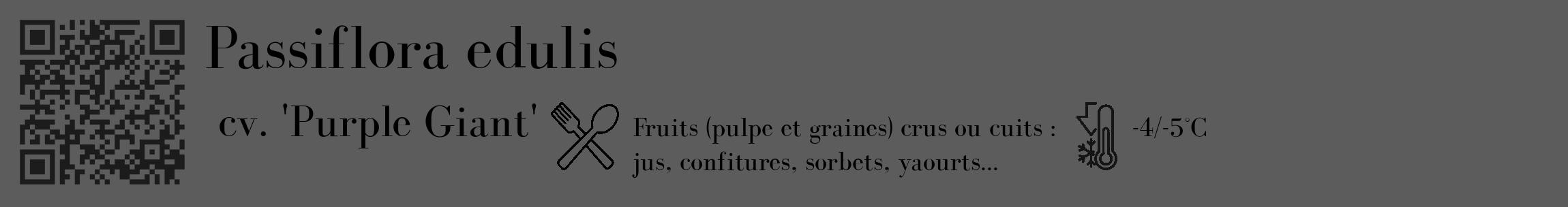 Étiquette de : Passiflora edulis cv. 'Purple Giant' - format c - style noire49_basique_basiquebod avec qrcode et comestibilité simplifiée
