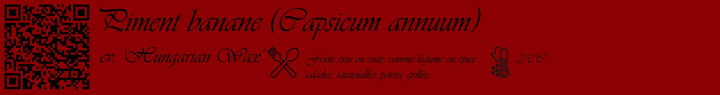 Étiquette de : Capsicum annuum cv. 'Hungarian Wax' - format c - style noire34_basique_basiqueviv avec qrcode et comestibilité simplifiée