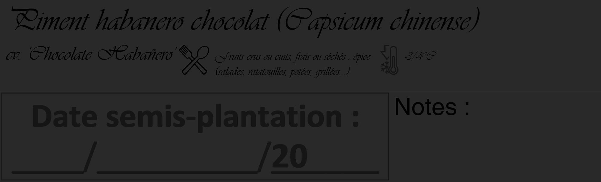 Étiquette de : Capsicum chinense cv. 'Chocolate Habañero' - format c - style noire34_basique_basiqueviv avec comestibilité simplifiée
