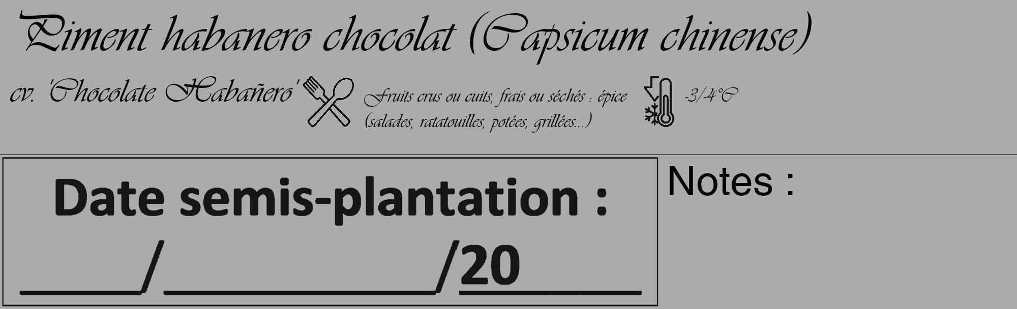 Étiquette de : Capsicum chinense cv. 'Chocolate Habañero' - format c - style noire37_basique_basiqueviv avec comestibilité simplifiée