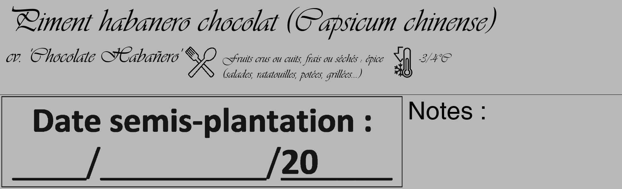 Étiquette de : Capsicum chinense cv. 'Chocolate Habañero' - format c - style noire39_basique_basiqueviv avec comestibilité simplifiée