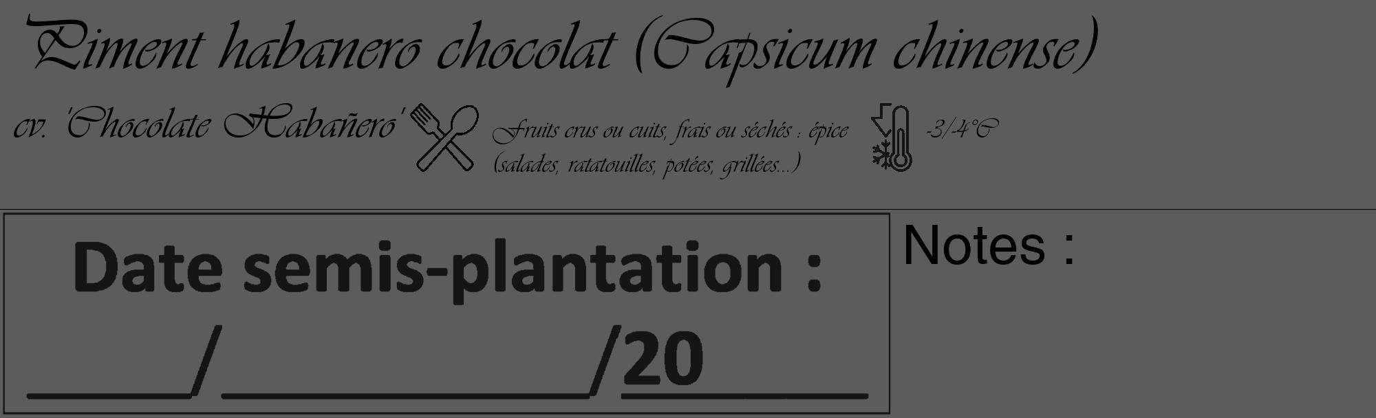 Étiquette de : Capsicum chinense cv. 'Chocolate Habañero' - format c - style noire49_basique_basiqueviv avec comestibilité simplifiée