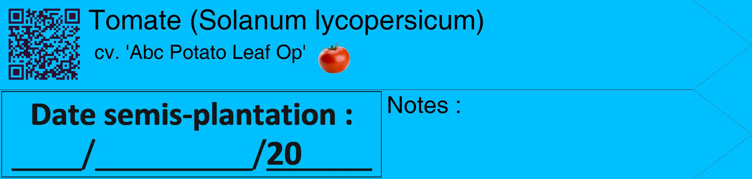 Étiquette de : Solanum lycopersicum cv. 'Abc Potato Leaf Op' - format c - style noire2_simple_simplehel avec qrcode et comestibilité simplifiée