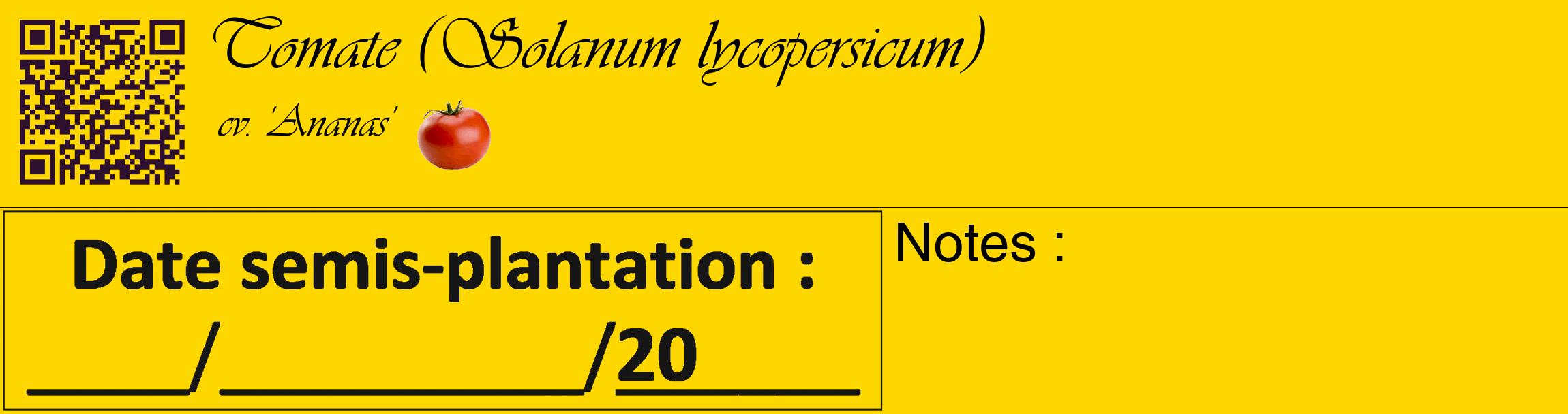 Étiquette de : Solanum lycopersicum cv. 'Ananas' - format c - style noire21_basique_basiqueviv avec qrcode et comestibilité simplifiée