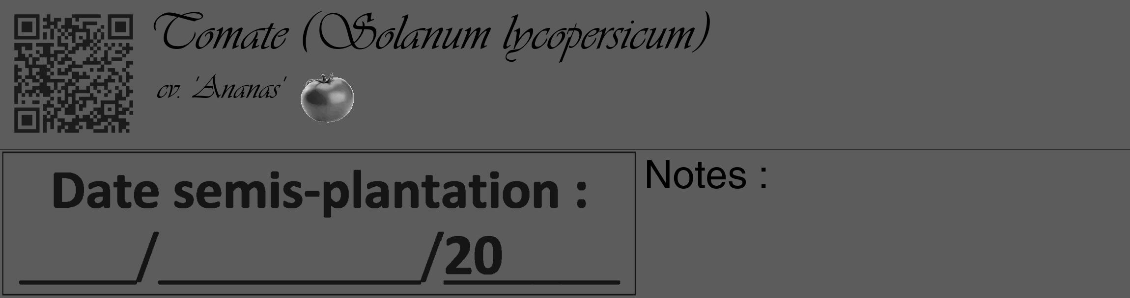 Étiquette de : Solanum lycopersicum cv. 'Ananas' - format c - style noire49_basique_basiqueviv avec qrcode et comestibilité simplifiée