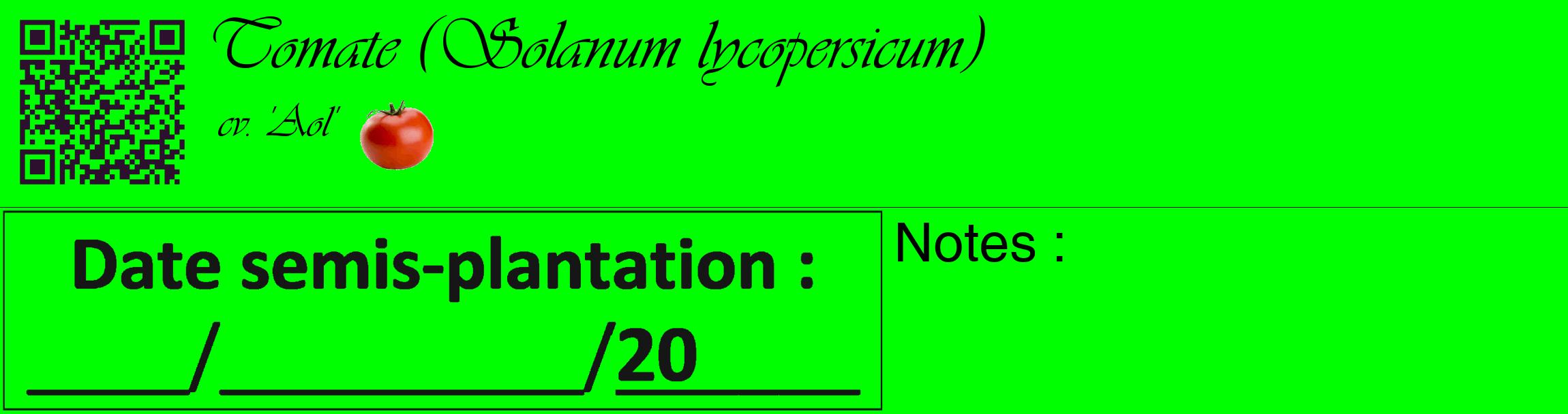 Étiquette de : Solanum lycopersicum cv. 'Aol' - format c - style noire16_basique_basiqueviv avec qrcode et comestibilité simplifiée