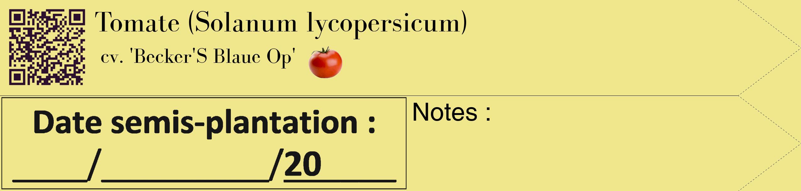 Étiquette de : Solanum lycopersicum cv. 'Becker'S Blaue Op' - format c - style noire20_simple_simplebod avec qrcode et comestibilité simplifiée