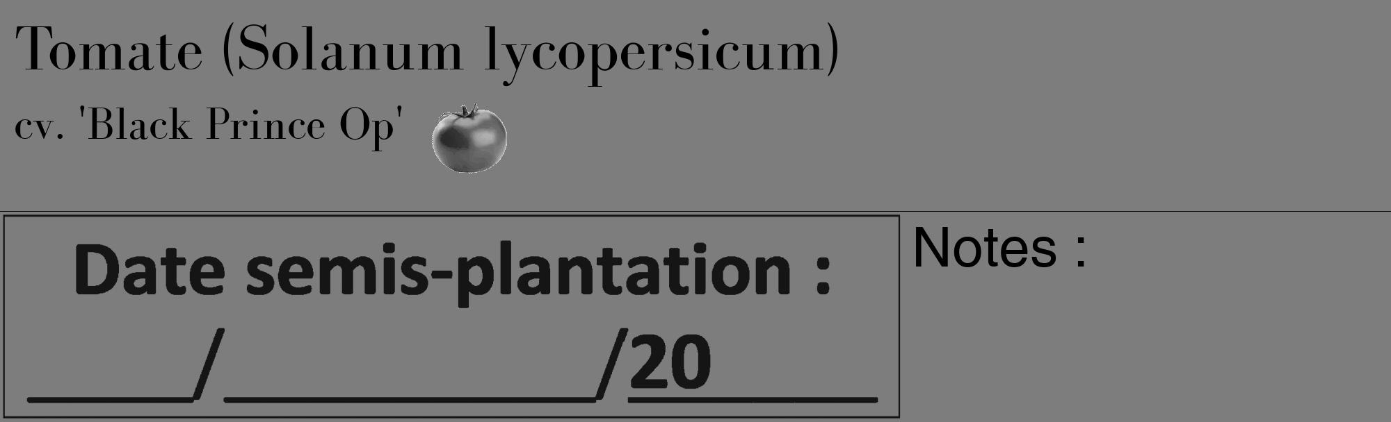 Étiquette de : Solanum lycopersicum cv. 'Black Prince Op' - format c - style noire35basique_basique_basiquebod avec comestibilité simplifiée