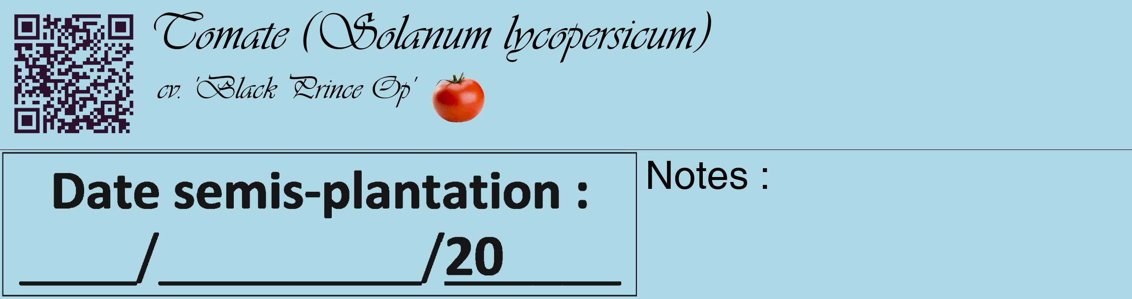 Étiquette de : Solanum lycopersicum cv. 'Black Prince Op' - format c - style noire0_basique_basiqueviv avec qrcode et comestibilité simplifiée