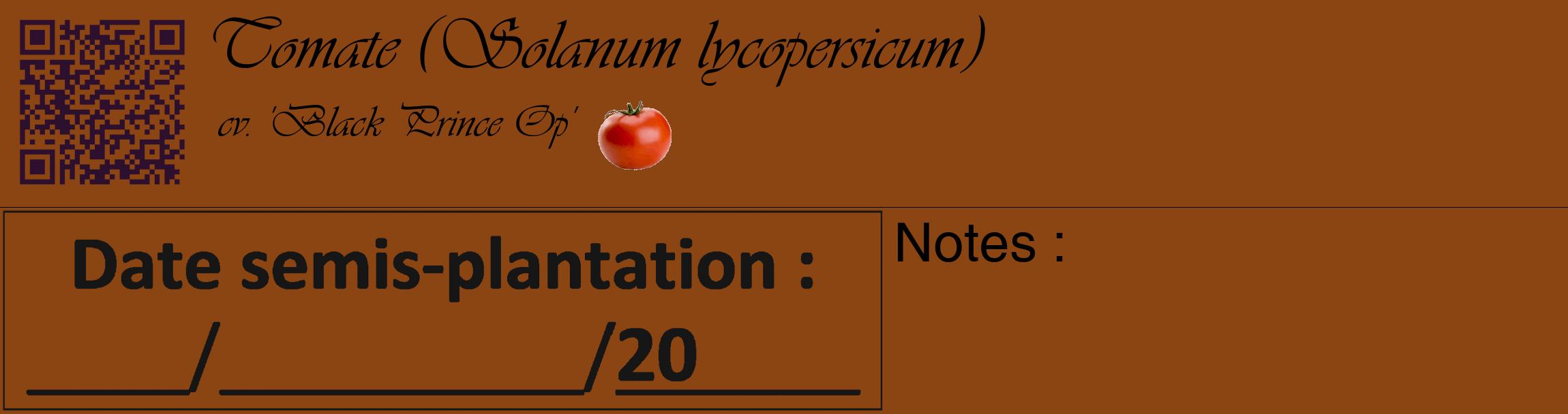 Étiquette de : Solanum lycopersicum cv. 'Black Prince Op' - format c - style noire30_basique_basiqueviv avec qrcode et comestibilité simplifiée