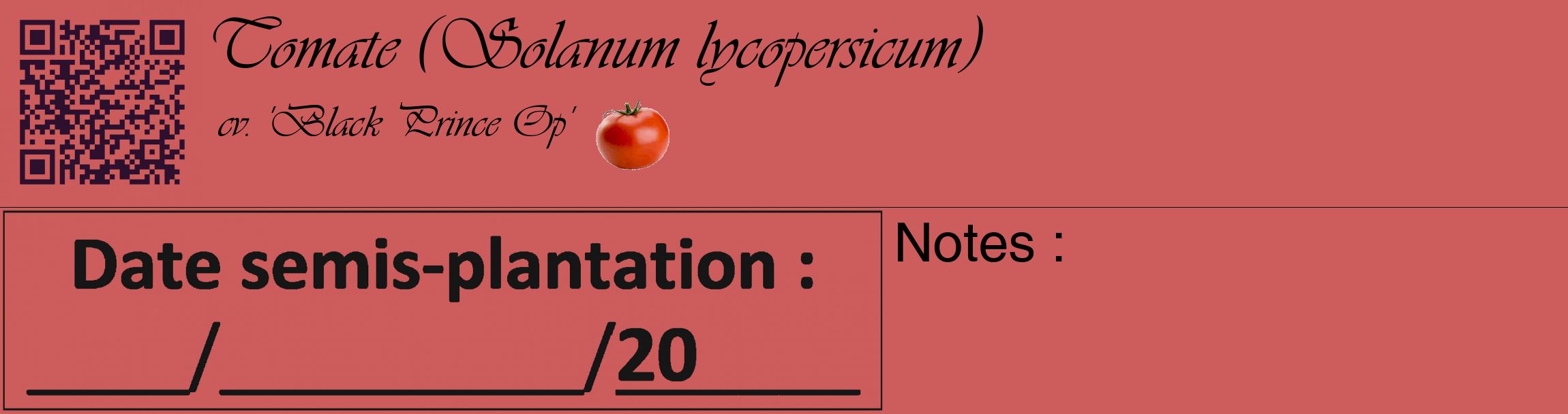 Étiquette de : Solanum lycopersicum cv. 'Black Prince Op' - format c - style noire35basique_basique_basiqueviv avec qrcode et comestibilité simplifiée