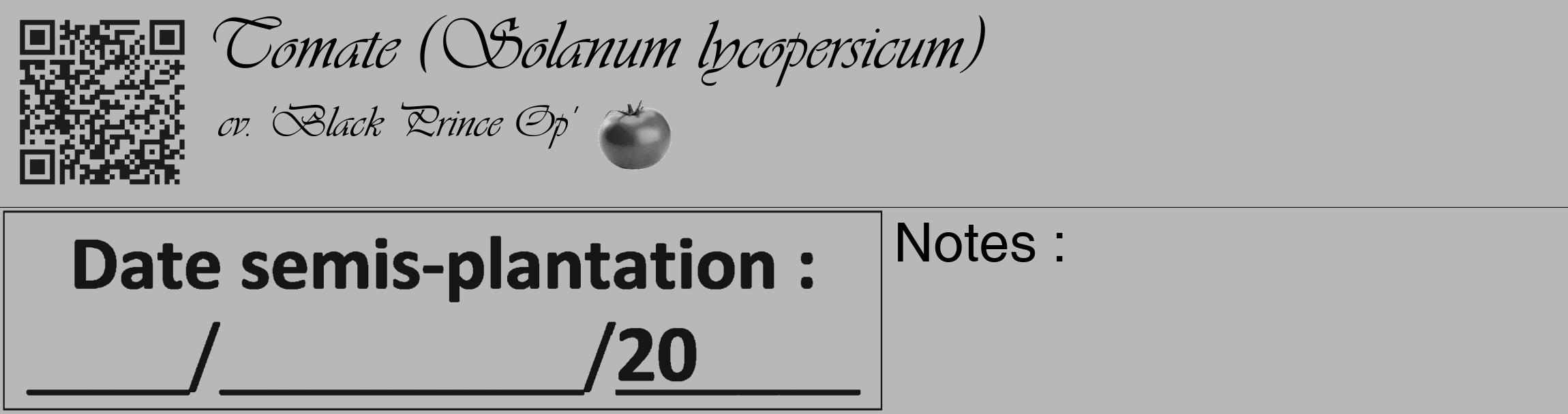 Étiquette de : Solanum lycopersicum cv. 'Black Prince Op' - format c - style noire39_basique_basiqueviv avec qrcode et comestibilité simplifiée