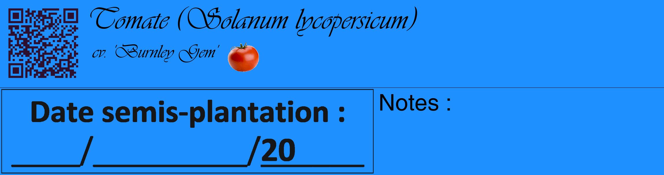 Étiquette de : Solanum lycopersicum cv. 'Burnley Gem' - format c - style noire3_basique_basiqueviv avec qrcode et comestibilité simplifiée