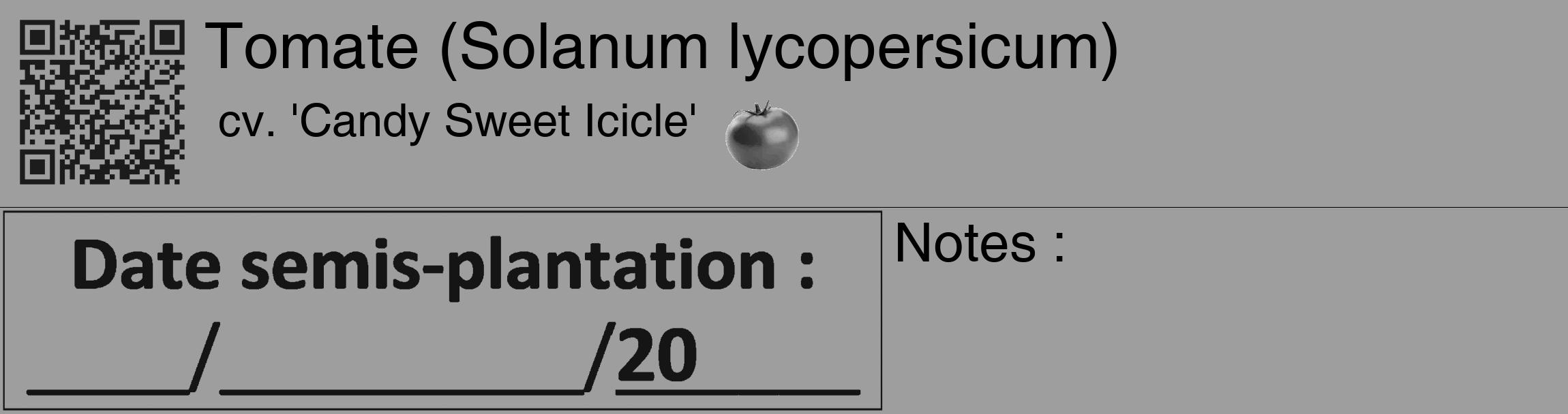 Étiquette de : Solanum lycopersicum cv. 'Candy Sweet Icicle' - format c - style noire23_basique_basiquehel avec qrcode et comestibilité simplifiée