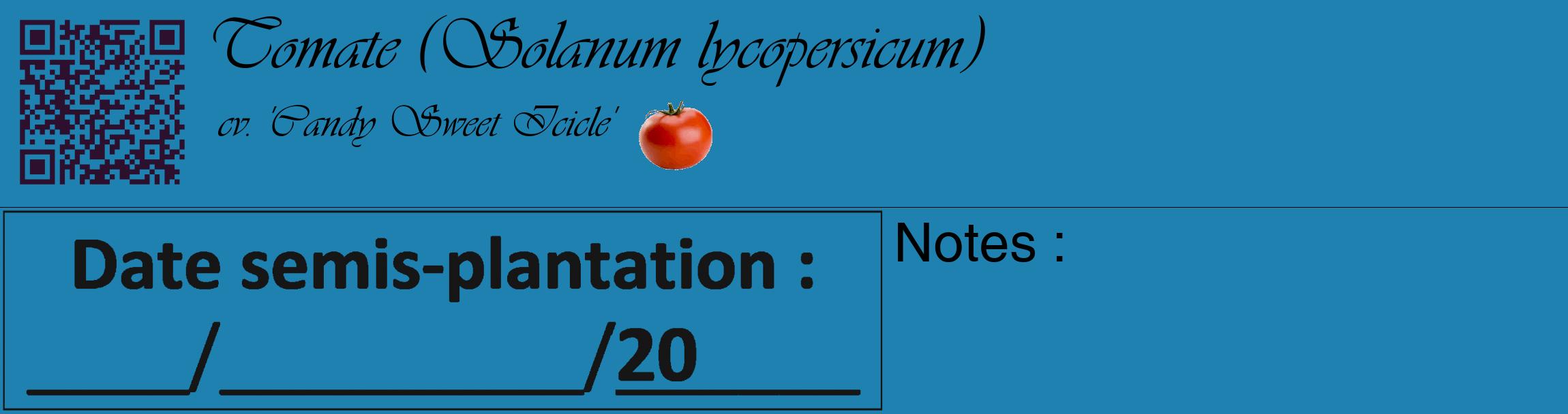 Étiquette de : Solanum lycopersicum cv. 'Candy Sweet Icicle' - format c - style noire6_basique_basiqueviv avec qrcode et comestibilité simplifiée