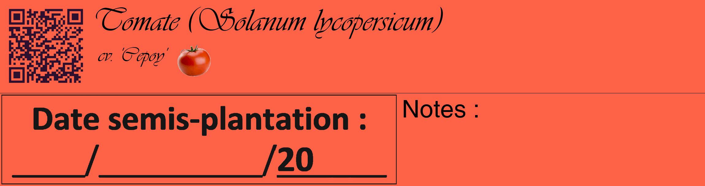 Étiquette de : Solanum lycopersicum cv. 'Cepoy' - format c - style noire25_basique_basiqueviv avec qrcode et comestibilité simplifiée