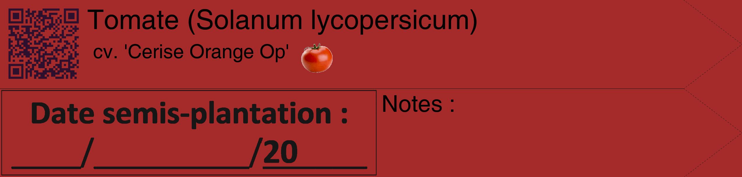 Étiquette de : Solanum lycopersicum cv. 'Cerise Orange Op' - format c - style noire33_simple_simplehel avec qrcode et comestibilité simplifiée