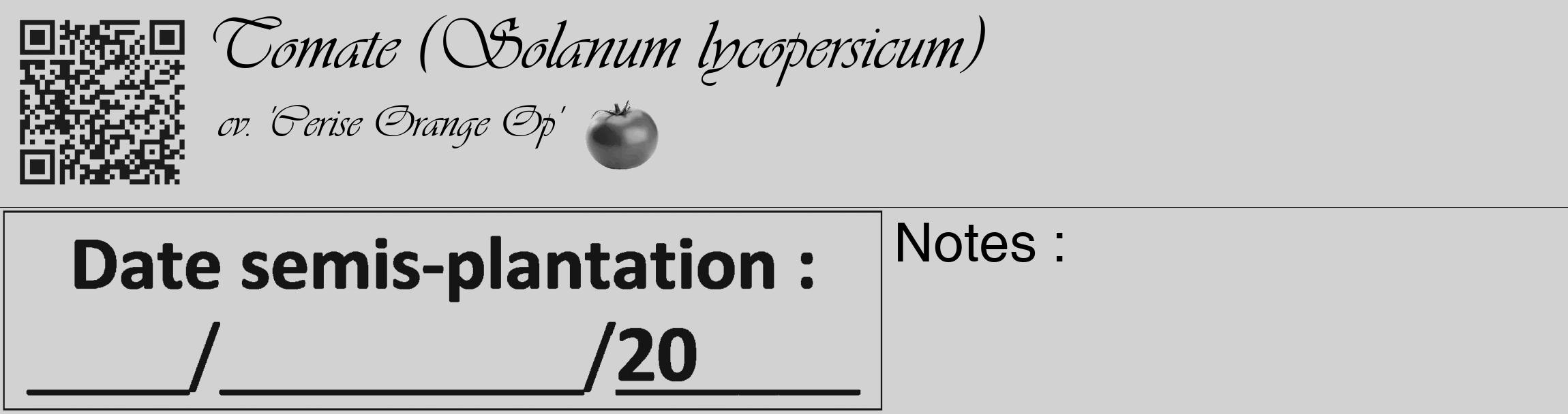 Étiquette de : Solanum lycopersicum cv. 'Cerise Orange Op' - format c - style noire14_basique_basiqueviv avec qrcode et comestibilité simplifiée