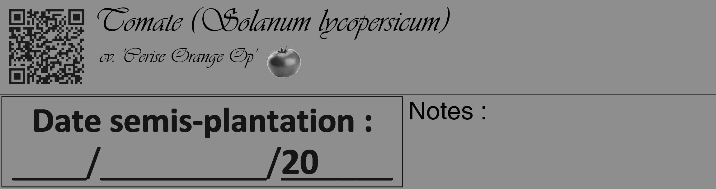 Étiquette de : Solanum lycopersicum cv. 'Cerise Orange Op' - format c - style noire25_basique_basiqueviv avec qrcode et comestibilité simplifiée