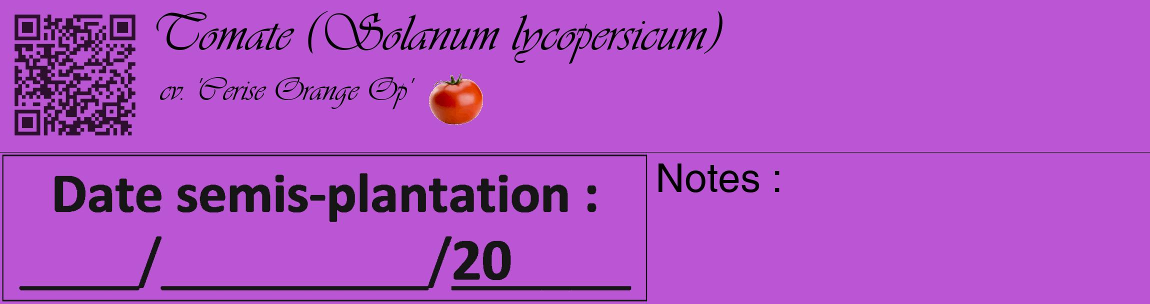 Étiquette de : Solanum lycopersicum cv. 'Cerise Orange Op' - format c - style noire50_basique_basiqueviv avec qrcode et comestibilité simplifiée