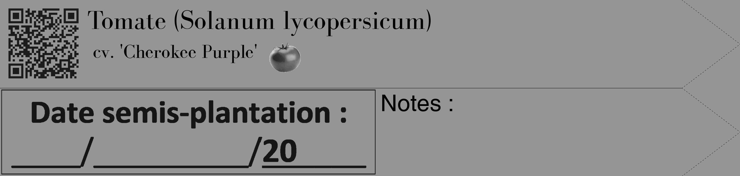 Étiquette de : Solanum lycopersicum cv. 'Cherokee Purple' - format c - style noire16_simple_simplebod avec qrcode et comestibilité simplifiée