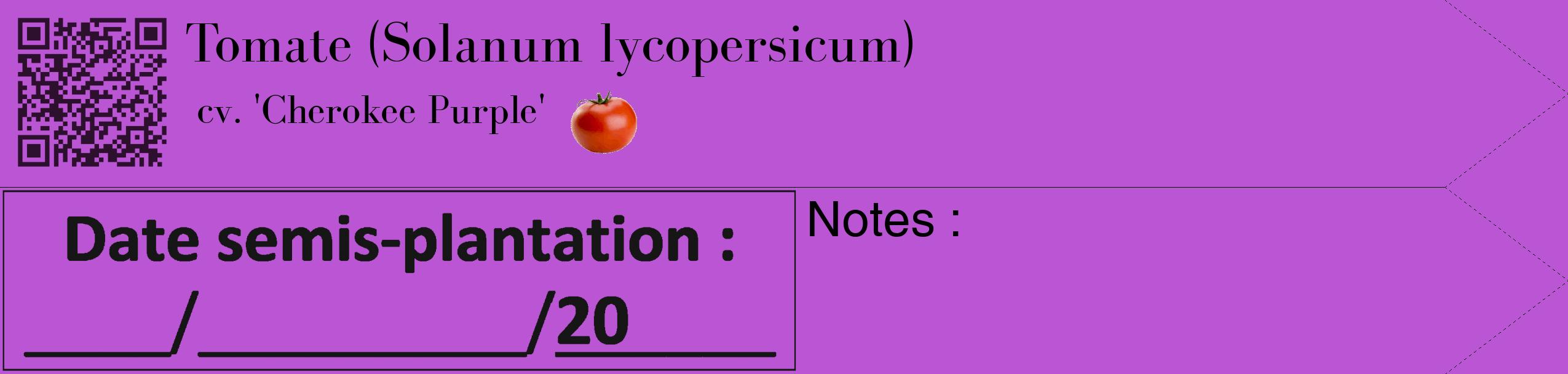 Étiquette de : Solanum lycopersicum cv. 'Cherokee Purple' - format c - style noire50_simple_simplebod avec qrcode et comestibilité simplifiée