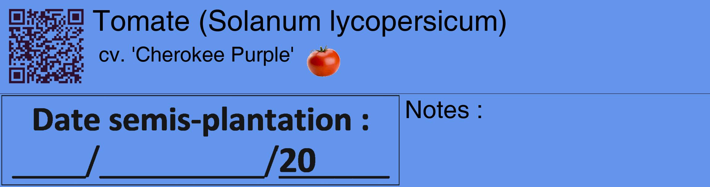 Étiquette de : Solanum lycopersicum cv. 'Cherokee Purple' - format c - style noire4_basique_basiquehel avec qrcode et comestibilité simplifiée