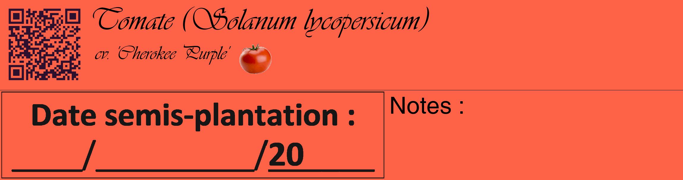 Étiquette de : Solanum lycopersicum cv. 'Cherokee Purple' - format c - style noire25_basique_basiqueviv avec qrcode et comestibilité simplifiée
