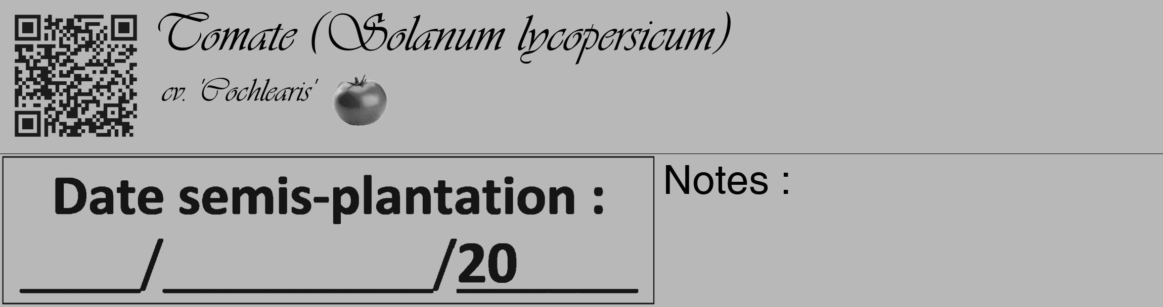 Étiquette de : Solanum lycopersicum cv. 'Cochlearis' - format c - style noire39_basique_basiqueviv avec qrcode et comestibilité simplifiée