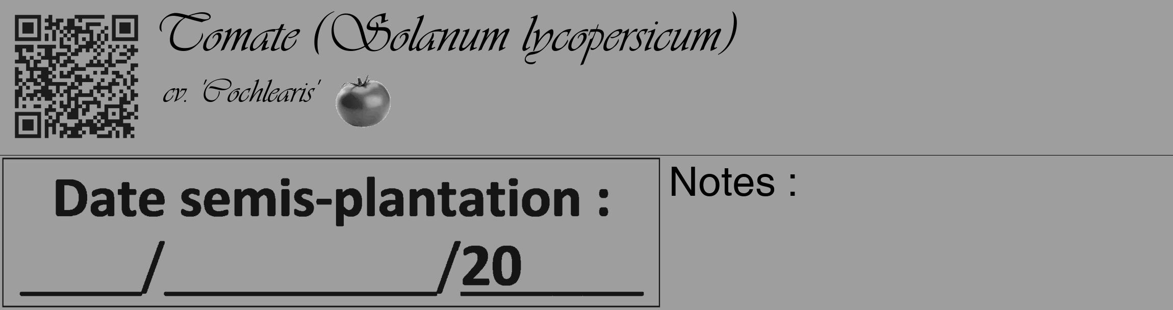 Étiquette de : Solanum lycopersicum cv. 'Cochlearis' - format c - style noire42_basique_basiqueviv avec qrcode et comestibilité simplifiée