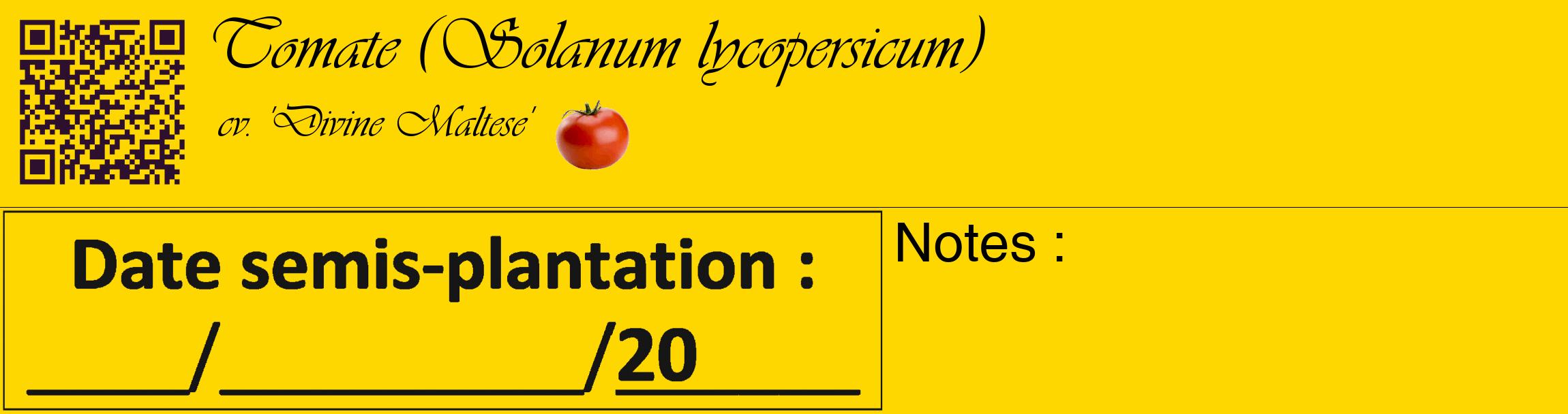 Étiquette de : Solanum lycopersicum cv. 'Divine Maltese' - format c - style noire21_basique_basiqueviv avec qrcode et comestibilité simplifiée