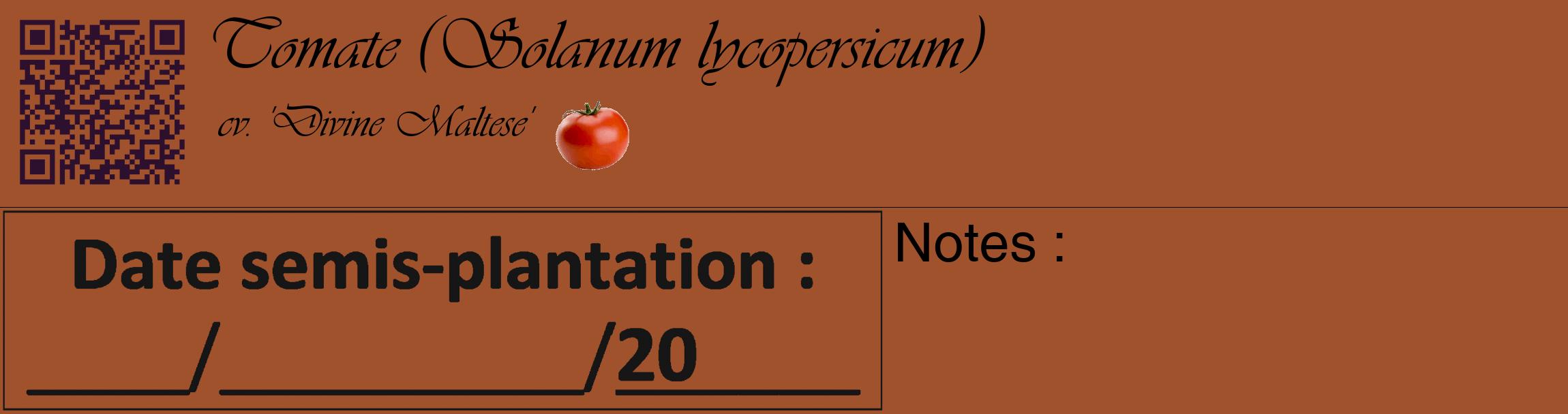 Étiquette de : Solanum lycopersicum cv. 'Divine Maltese' - format c - style noire32_basique_basiqueviv avec qrcode et comestibilité simplifiée