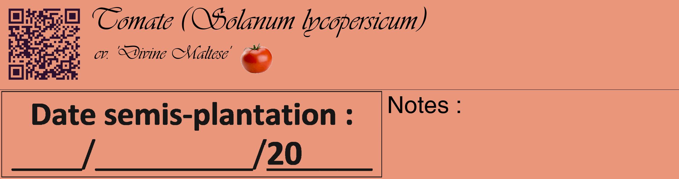 Étiquette de : Solanum lycopersicum cv. 'Divine Maltese' - format c - style noire37_basique_basiqueviv avec qrcode et comestibilité simplifiée