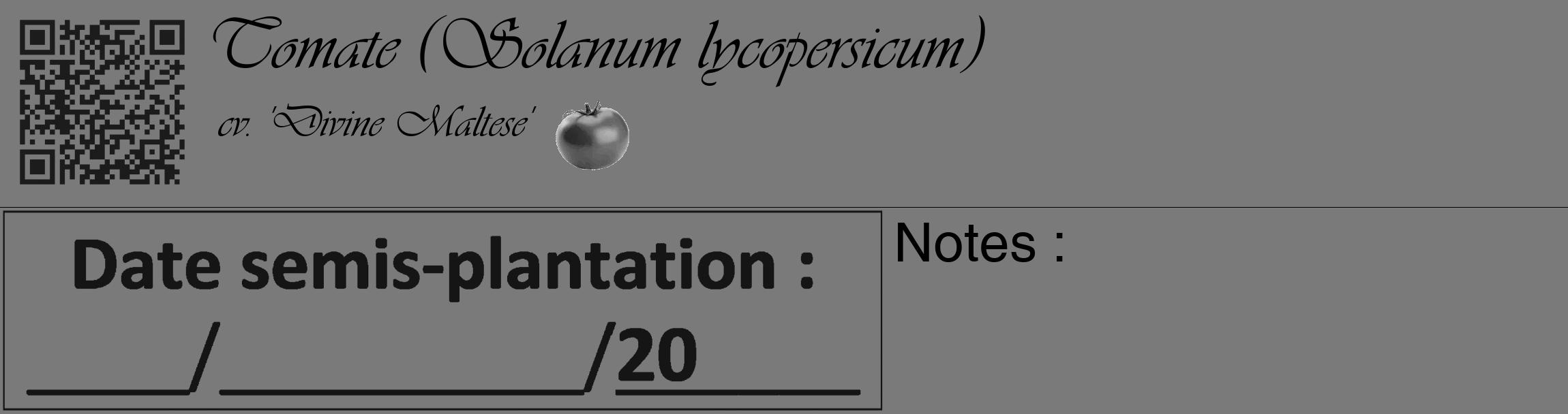Étiquette de : Solanum lycopersicum cv. 'Divine Maltese' - format c - style noire3_basique_basiqueviv avec qrcode et comestibilité simplifiée