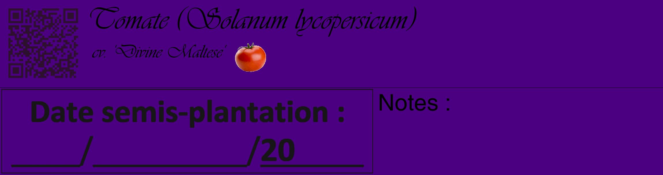 Étiquette de : Solanum lycopersicum cv. 'Divine Maltese' - format c - style noire47_basique_basiqueviv avec qrcode et comestibilité simplifiée