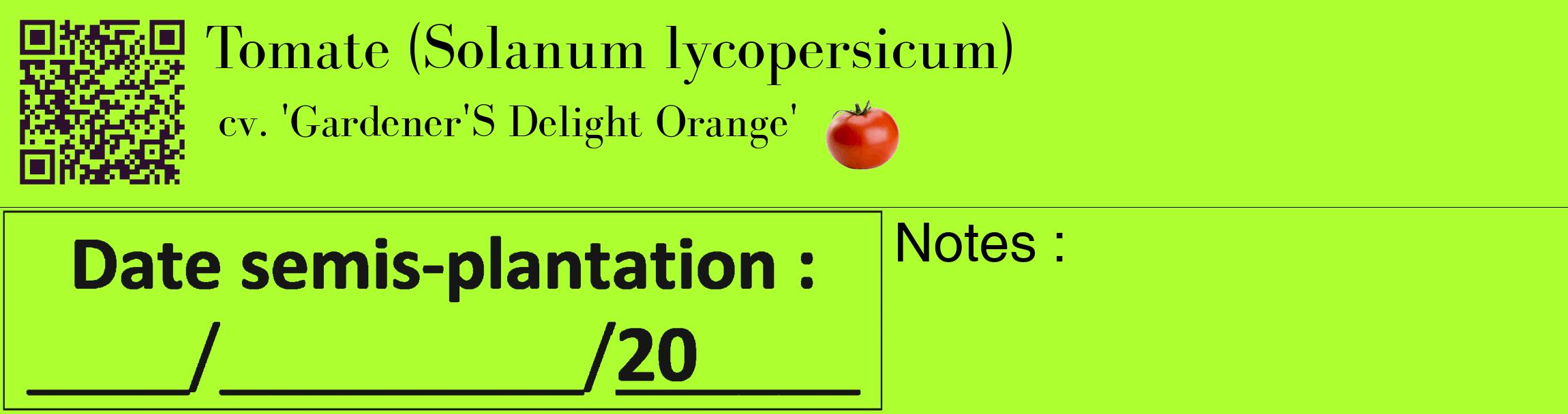 Étiquette de : Solanum lycopersicum cv. 'Gardener'S Delight Orange' - format c - style noire17_basique_basiquebod avec qrcode et comestibilité simplifiée
