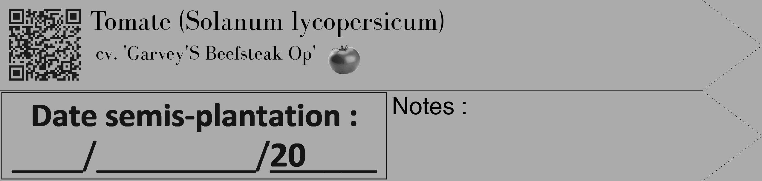 Étiquette de : Solanum lycopersicum cv. 'Garvey'S Beefsteak Op' - format c - style noire37_simple_simplebod avec qrcode et comestibilité simplifiée