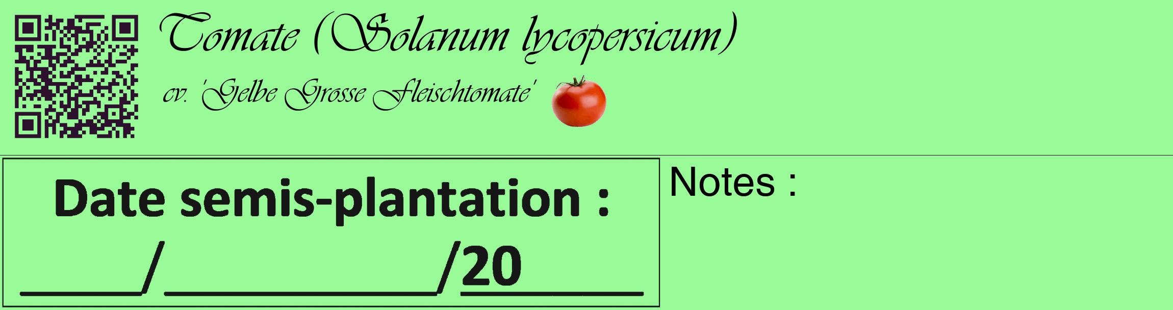 Étiquette de : Solanum lycopersicum cv. 'Gelbe Grosse Fleischtomate' - format c - style noire14_basique_basiqueviv avec qrcode et comestibilité simplifiée