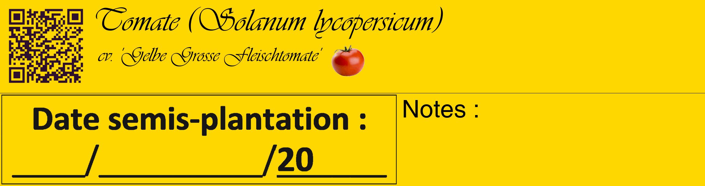 Étiquette de : Solanum lycopersicum cv. 'Gelbe Grosse Fleischtomate' - format c - style noire21_basique_basiqueviv avec qrcode et comestibilité simplifiée