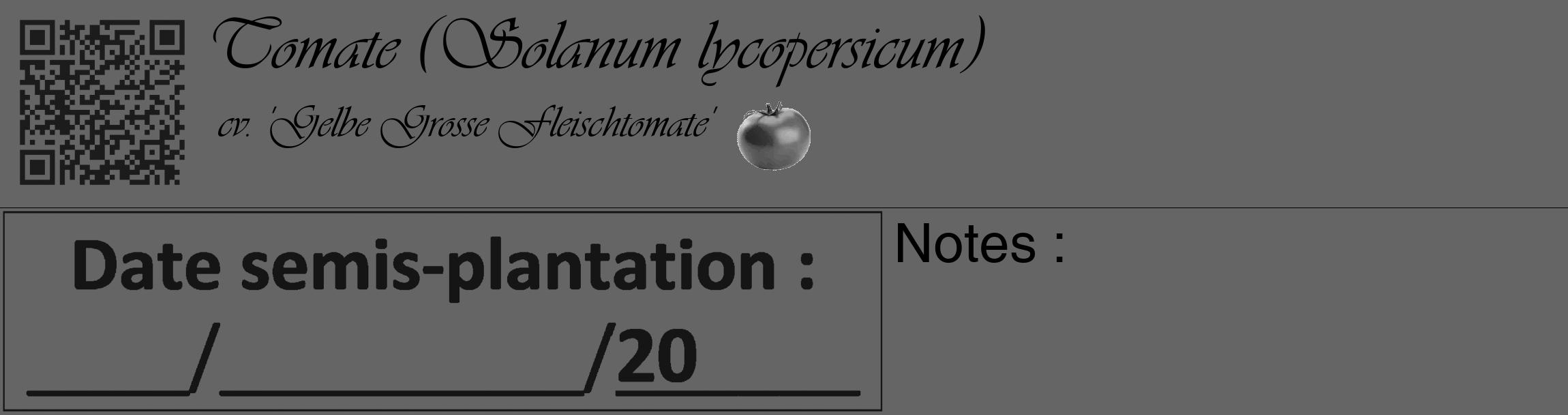 Étiquette de : Solanum lycopersicum cv. 'Gelbe Grosse Fleischtomate' - format c - style noire32_basique_basiqueviv avec qrcode et comestibilité simplifiée