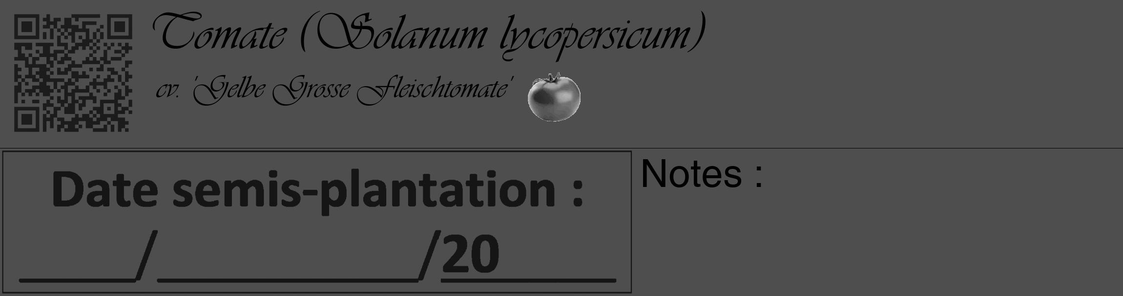 Étiquette de : Solanum lycopersicum cv. 'Gelbe Grosse Fleischtomate' - format c - style noire33_basique_basiqueviv avec qrcode et comestibilité simplifiée
