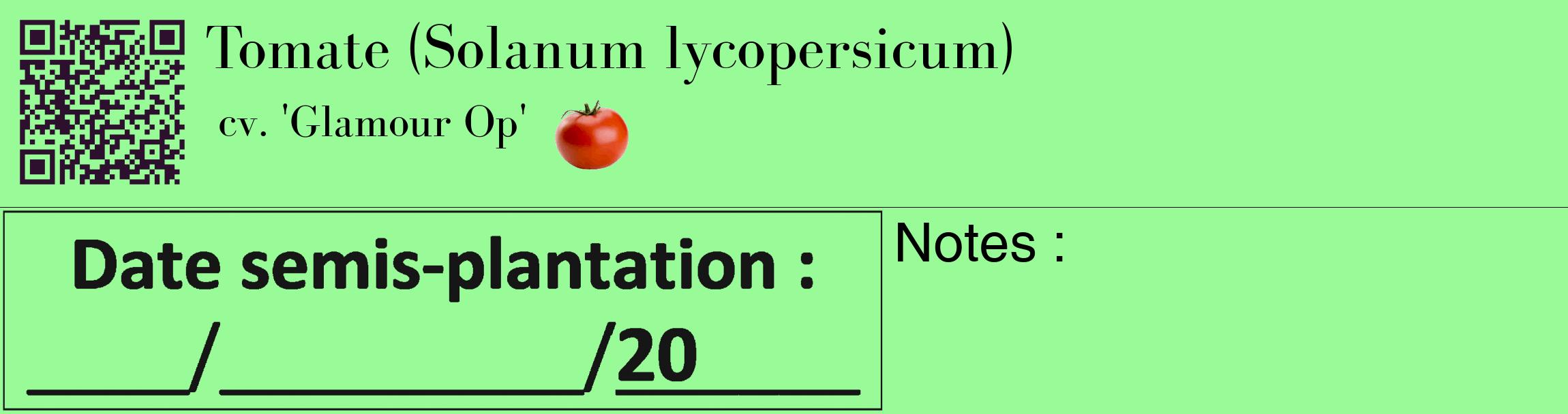 Étiquette de : Solanum lycopersicum cv. 'Glamour Op' - format c - style noire14_basique_basiquebod avec qrcode et comestibilité simplifiée
