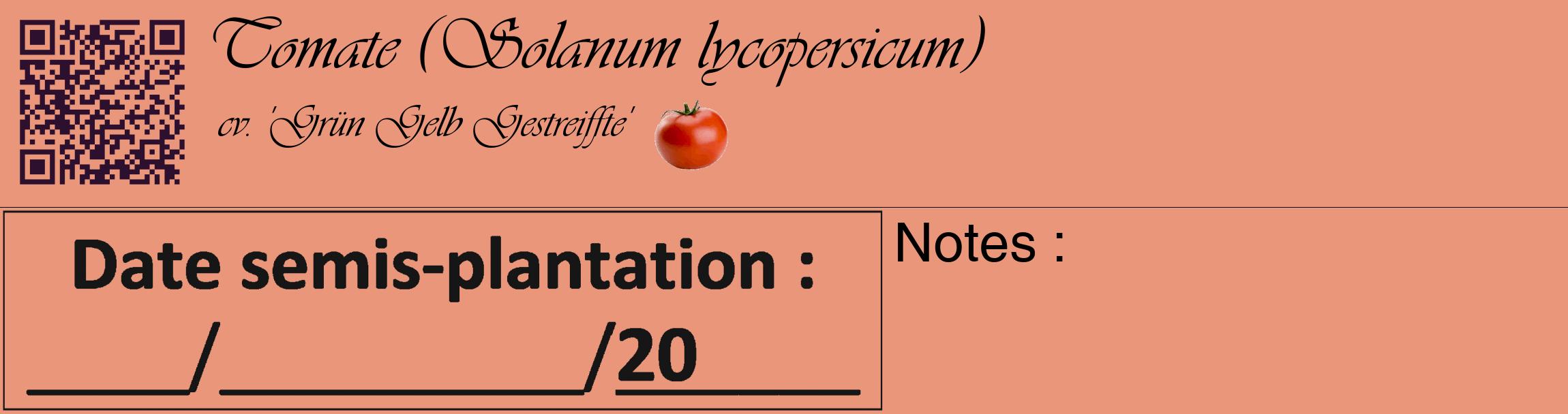 Étiquette de : Solanum lycopersicum cv. 'Grün Gelb Gestreiffte' - format c - style noire37_basique_basiqueviv avec qrcode et comestibilité simplifiée