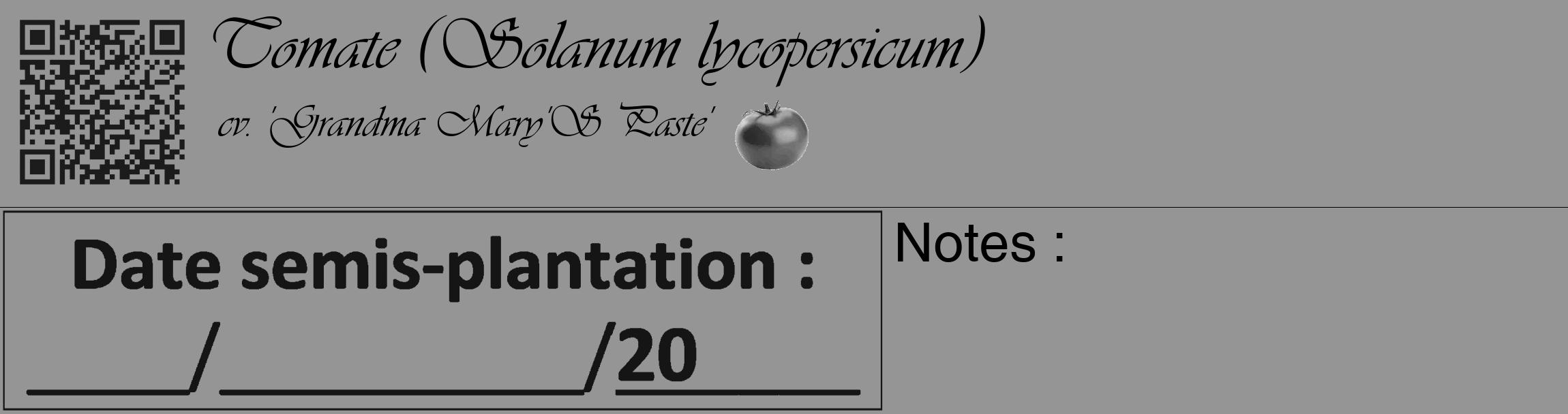 Étiquette de : Solanum lycopersicum cv. 'Grandma Mary'S Paste' - format c - style noire16_basique_basiqueviv avec qrcode et comestibilité simplifiée