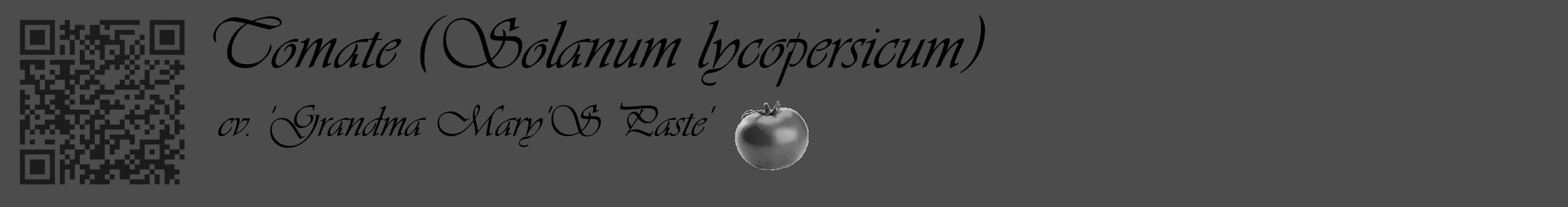 Étiquette de : Solanum lycopersicum cv. 'Grandma Mary'S Paste' - format c - style noire27_basique_basiqueviv avec qrcode et comestibilité simplifiée