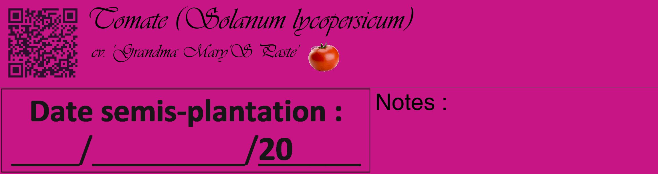 Étiquette de : Solanum lycopersicum cv. 'Grandma Mary'S Paste' - format c - style noire45_basique_basiqueviv avec qrcode et comestibilité simplifiée