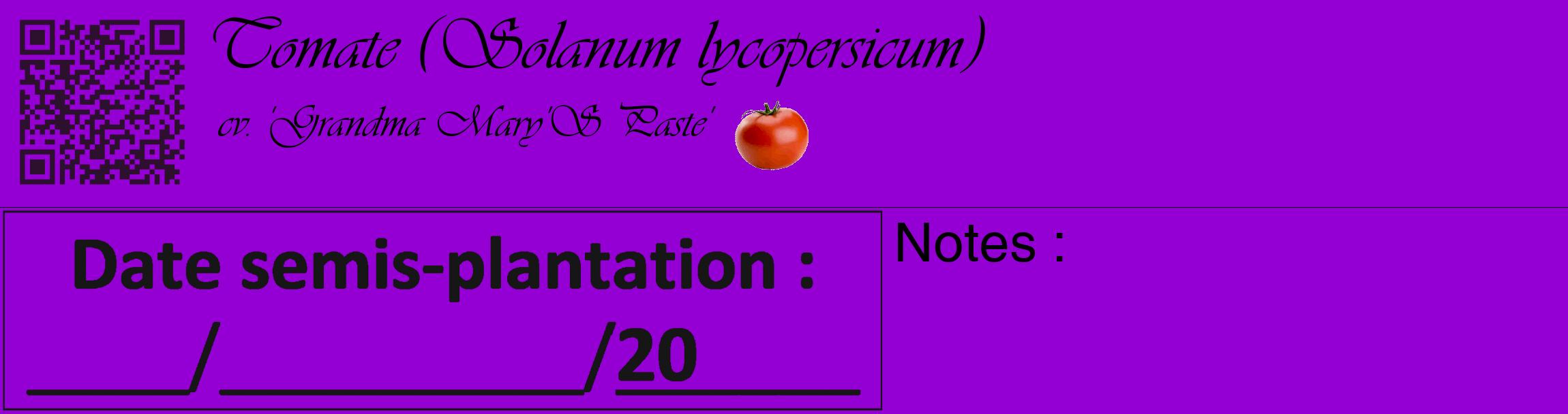 Étiquette de : Solanum lycopersicum cv. 'Grandma Mary'S Paste' - format c - style noire48_basique_basiqueviv avec qrcode et comestibilité simplifiée