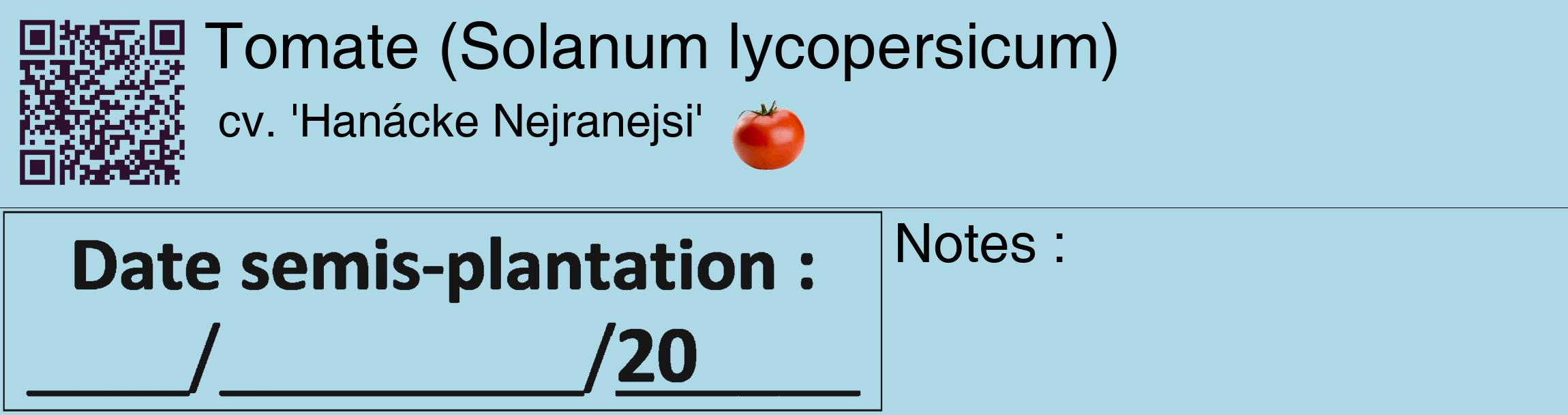 Étiquette de : Solanum lycopersicum cv. 'Hanácke Nejranejsi' - format c - style noire0_basique_basiquehel avec qrcode et comestibilité simplifiée